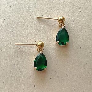 Gold Green Emerald Gemstone Teardrop Studs Earrings
